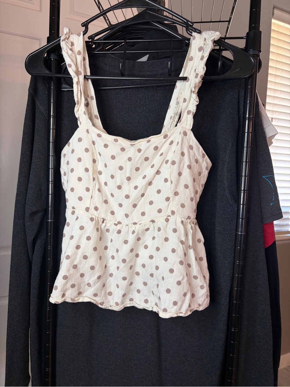 Monteau Cream Polka Dot Peplum Tank with Ruffled Straps